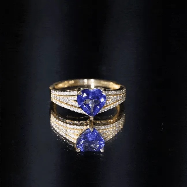 Created Blue Sapphire Heart Engagement Ring with Diamond