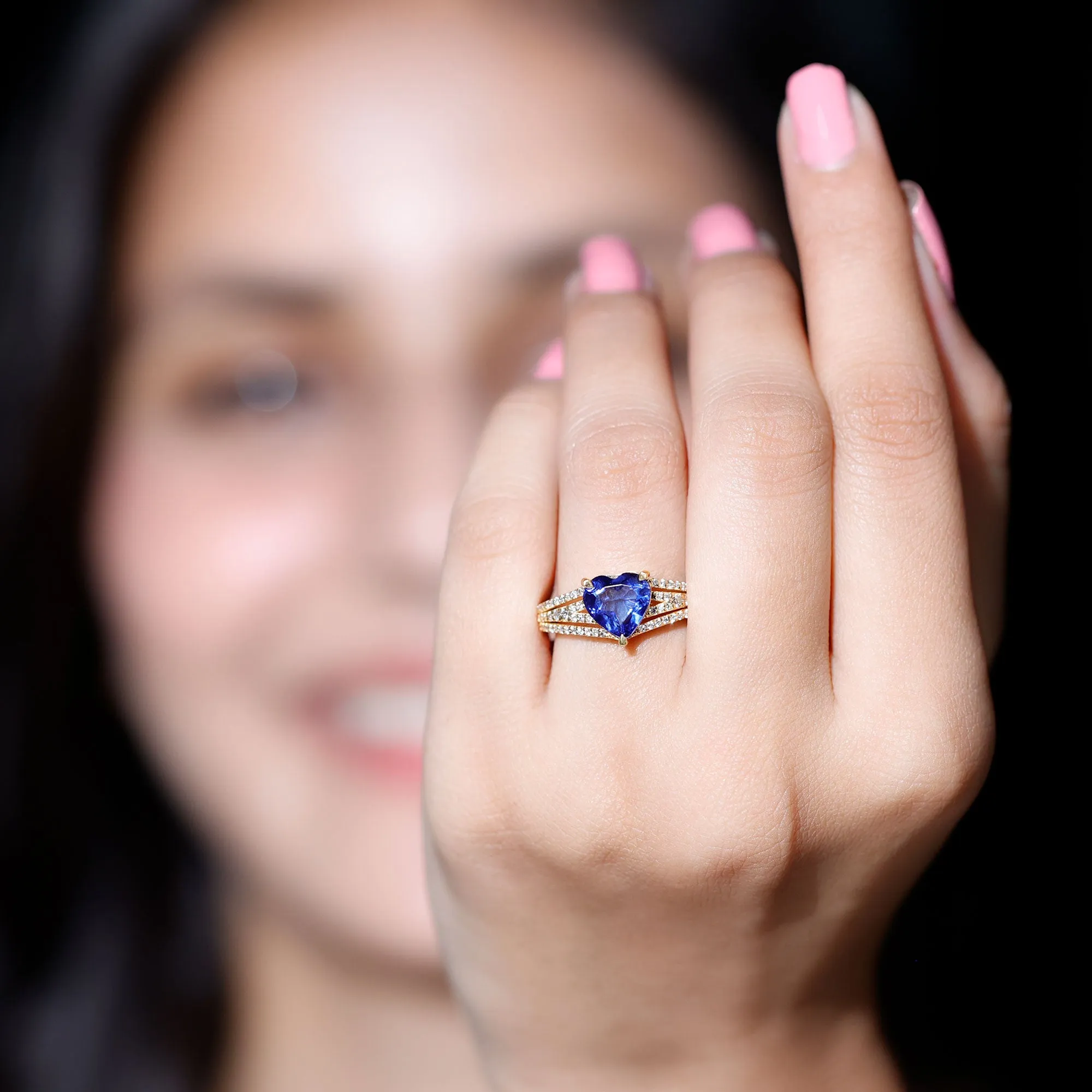 Created Blue Sapphire Heart Engagement Ring with Diamond