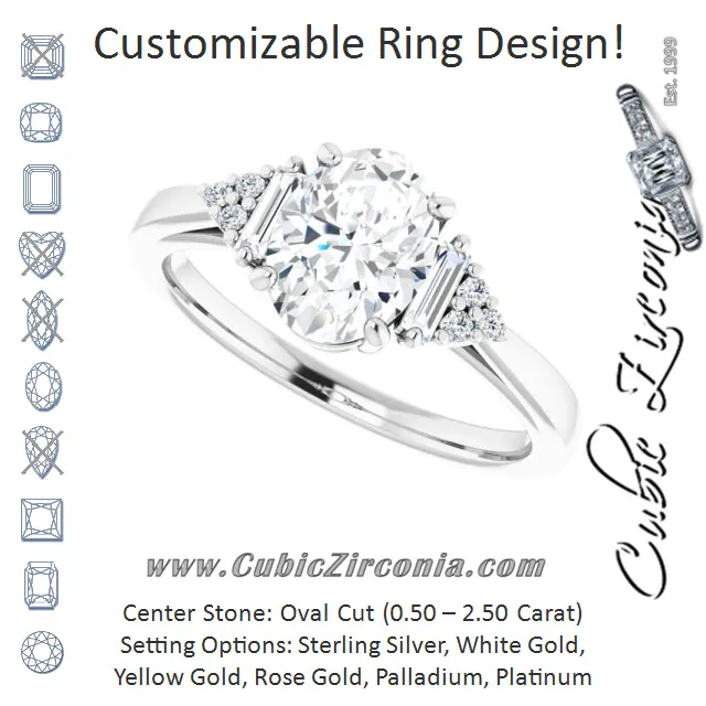 Cubic Zirconia Engagement Ring- The Barb (Customizable 9-stone Design with Oval Cut Center, Side Baguettes and Tri-Cluster Round Accents)