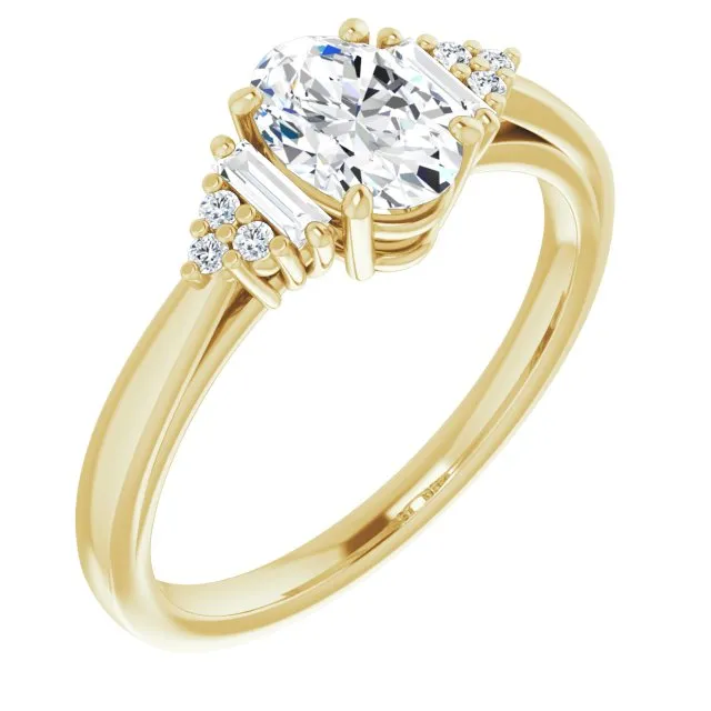 Cubic Zirconia Engagement Ring- The Barb (Customizable 9-stone Design with Oval Cut Center, Side Baguettes and Tri-Cluster Round Accents)