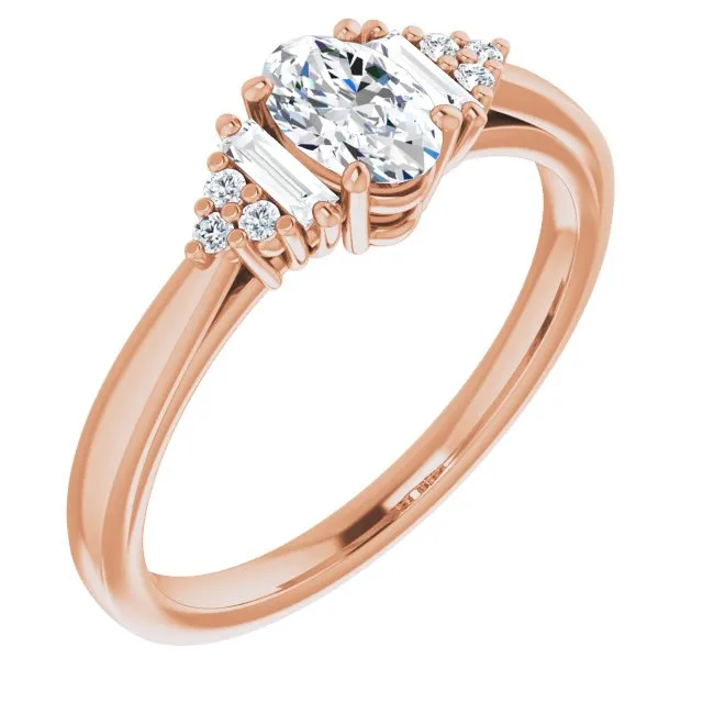 Cubic Zirconia Engagement Ring- The Barb (Customizable 9-stone Design with Oval Cut Center, Side Baguettes and Tri-Cluster Round Accents)