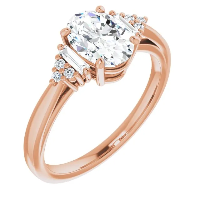 Cubic Zirconia Engagement Ring- The Barb (Customizable 9-stone Design with Oval Cut Center, Side Baguettes and Tri-Cluster Round Accents)