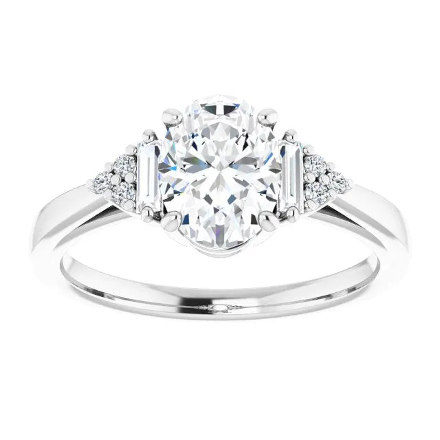 Cubic Zirconia Engagement Ring- The Barb (Customizable 9-stone Design with Oval Cut Center, Side Baguettes and Tri-Cluster Round Accents)