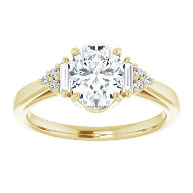 Cubic Zirconia Engagement Ring- The Barb (Customizable 9-stone Design with Oval Cut Center, Side Baguettes and Tri-Cluster Round Accents)