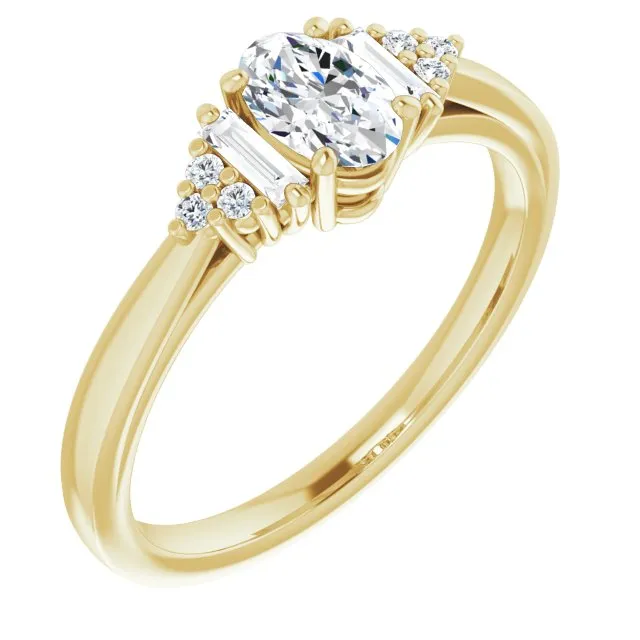 Cubic Zirconia Engagement Ring- The Barb (Customizable 9-stone Design with Oval Cut Center, Side Baguettes and Tri-Cluster Round Accents)