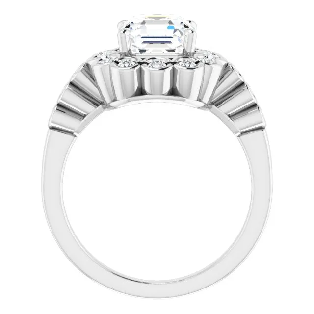 Cubic Zirconia Engagement Ring- The Berkley (Customizable Asscher Cut Design with Round-bezel Halo and Band Accents)