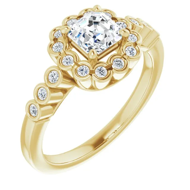 Cubic Zirconia Engagement Ring- The Berkley (Customizable Asscher Cut Design with Round-bezel Halo and Band Accents)