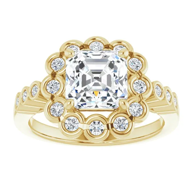 Cubic Zirconia Engagement Ring- The Berkley (Customizable Asscher Cut Design with Round-bezel Halo and Band Accents)