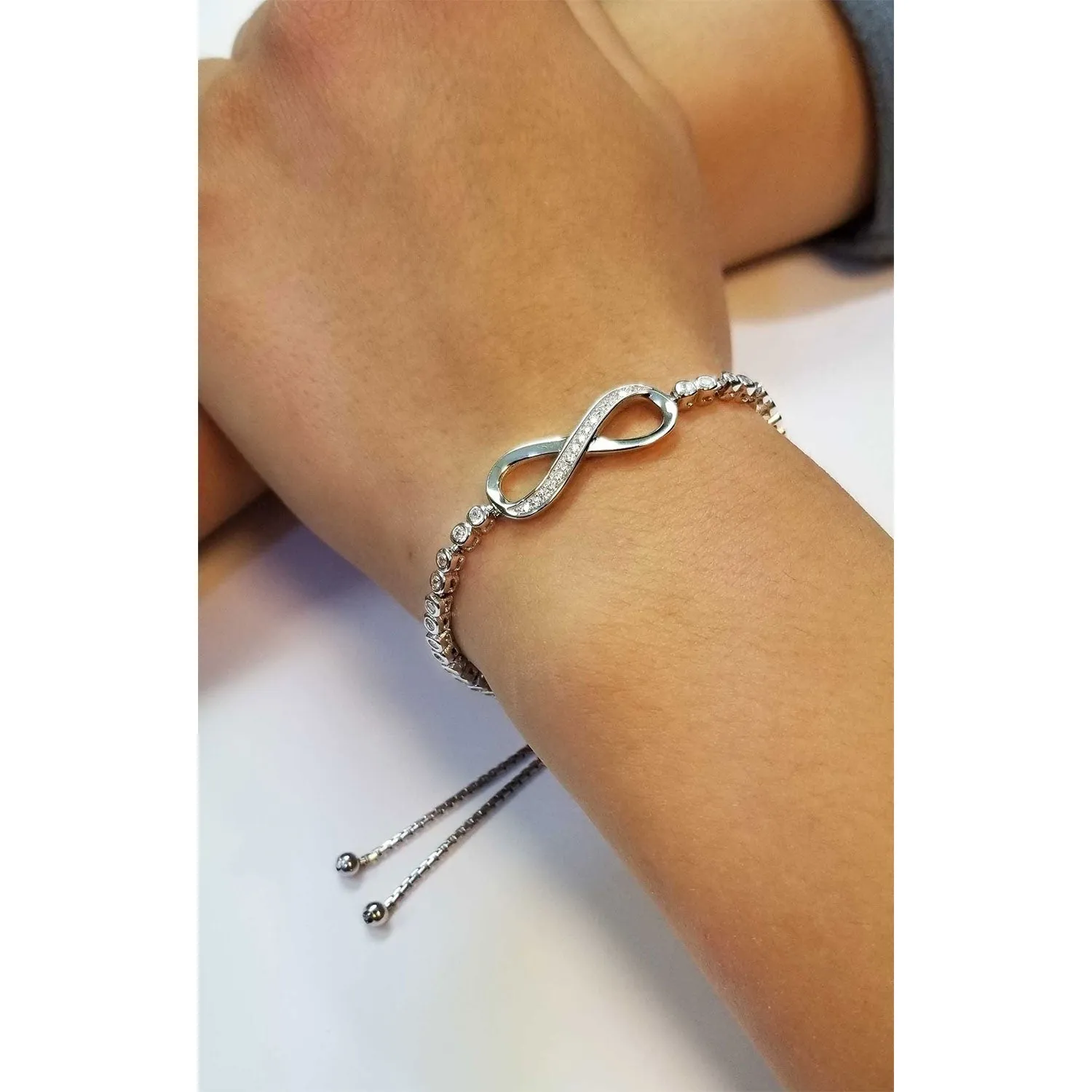 CZ Infinity Bracelet, Adjustable in Sterling Silver