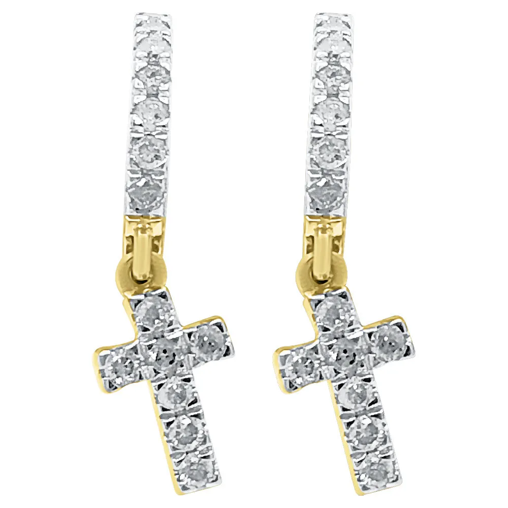 Dangling Cross Hoop Diamond Earrings .37cttw 10K Yellow Gold