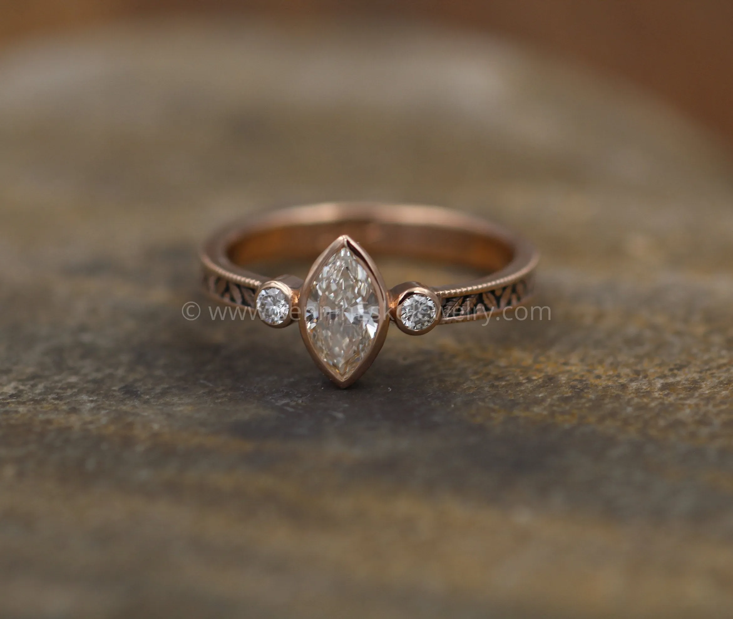 Diamond Rose Gold Hand Made Vintage Engagement Ring - Marquise Ring - Leaf