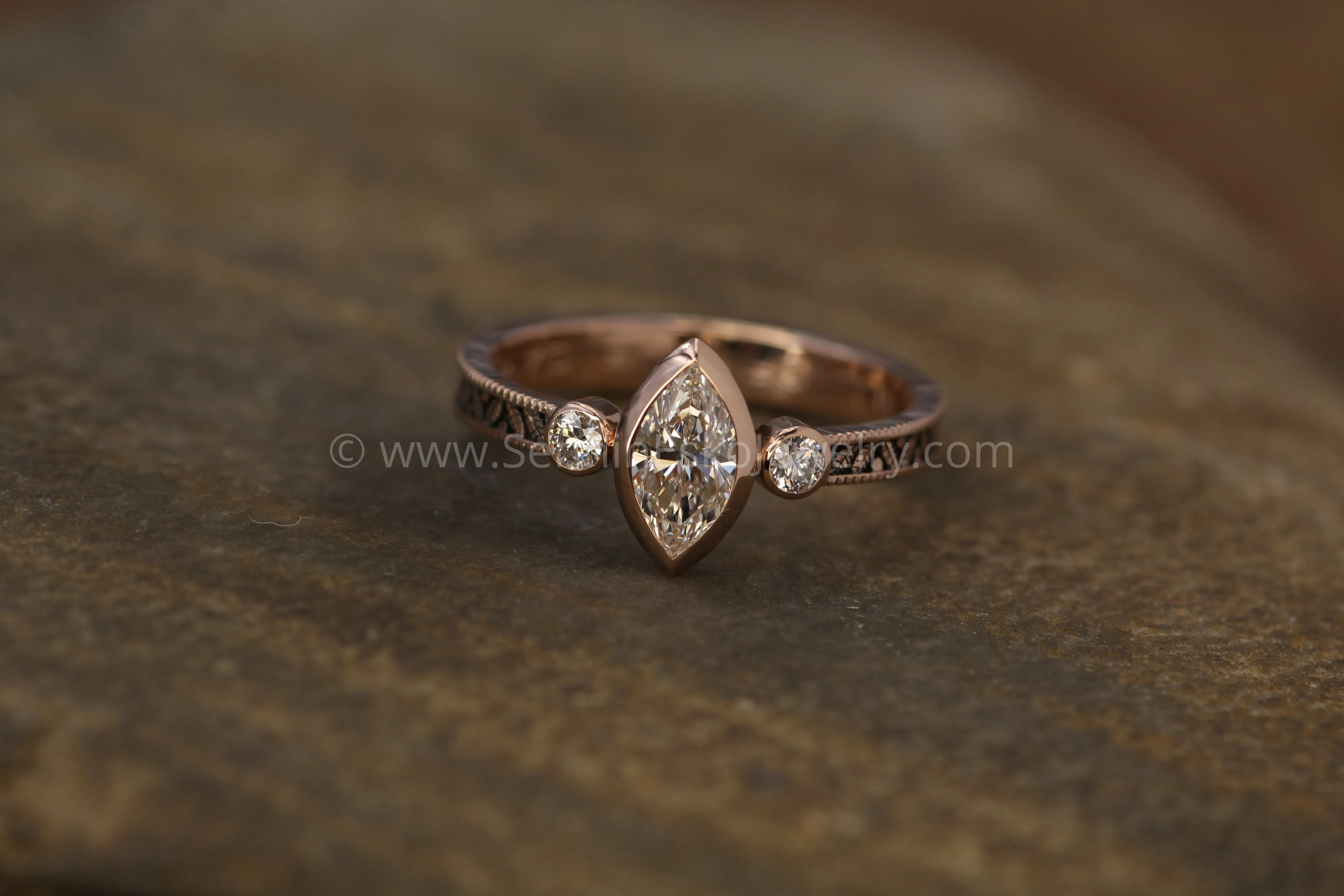 Diamond Rose Gold Hand Made Vintage Engagement Ring - Marquise Ring - Leaf