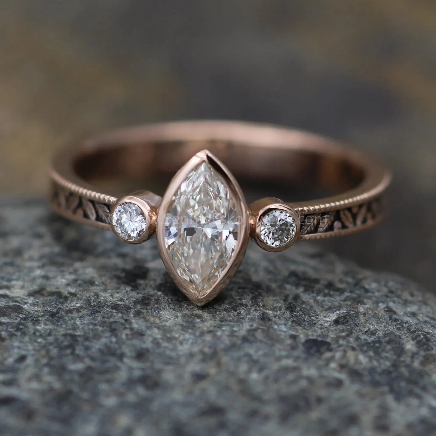 Diamond Rose Gold Hand Made Vintage Engagement Ring - Marquise Ring - Leaf