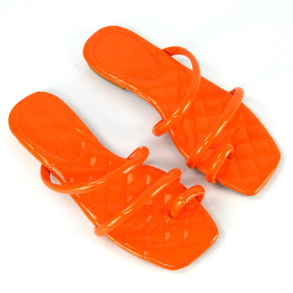 Dionne Quilted Insole Flat Square Toe Slip on Toe Ring Sandal Slides in Orange