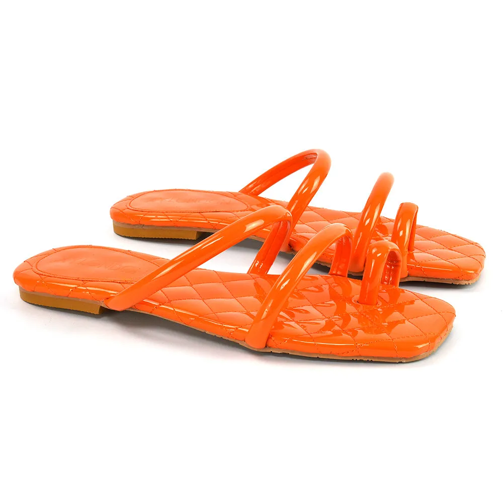 Dionne Quilted Insole Flat Square Toe Slip on Toe Ring Sandal Slides in Orange