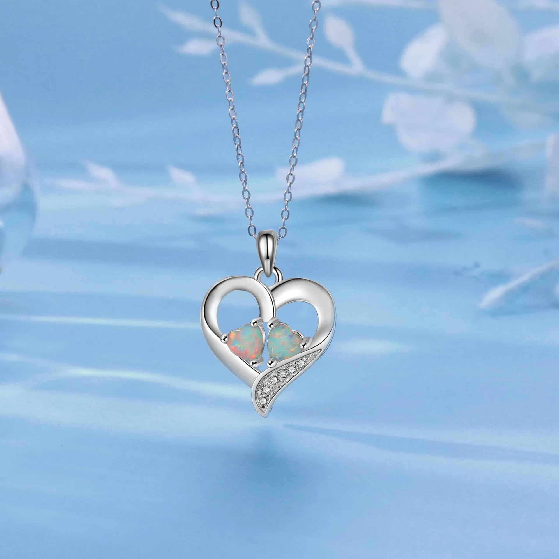 Double Heart Shape Opal Zircon Love Sterling Silver Necklace