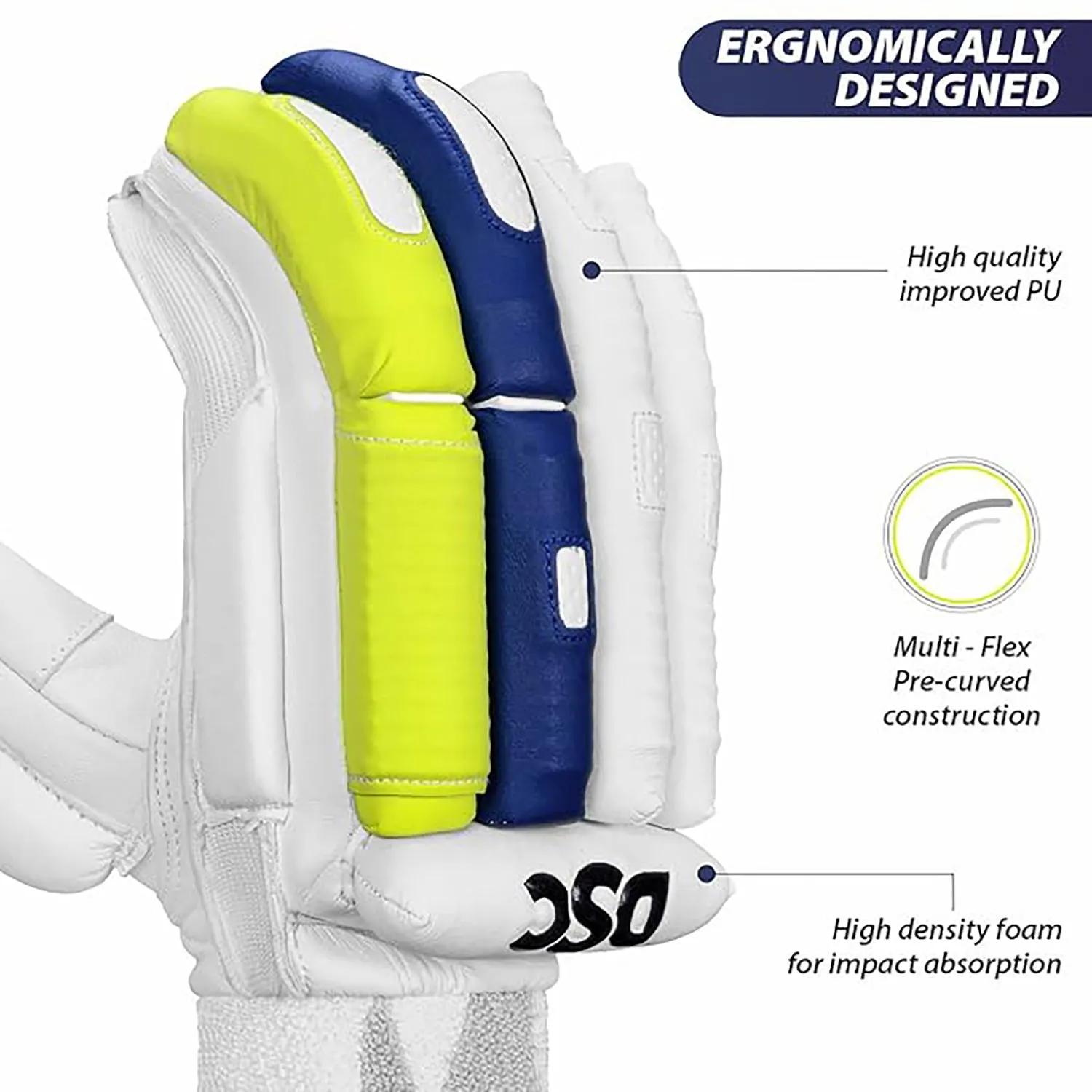 DSC Condor Surge 2.0 Leather Cricket Batting Gloves for Youth (Right Hand) – White/Blue/Yellow