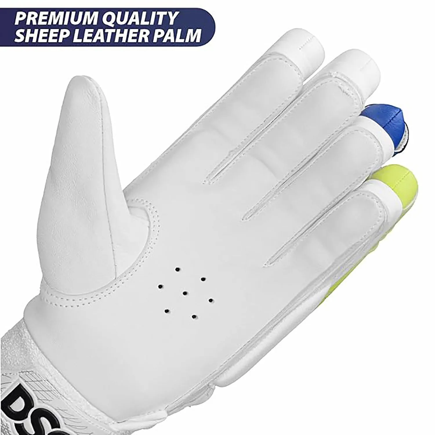 DSC Condor Surge 2.0 Leather Cricket Batting Gloves for Youth (Right Hand) – White/Blue/Yellow