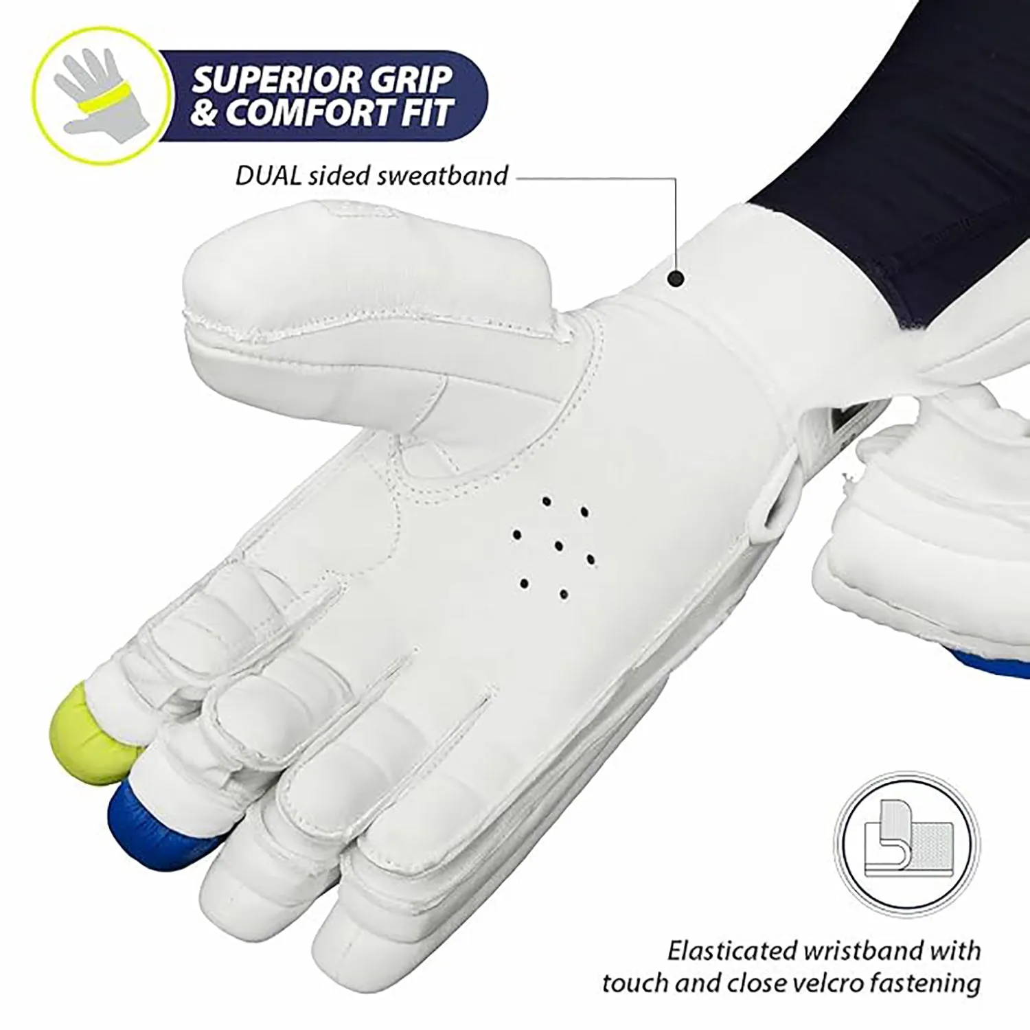 DSC Condor Surge 2.0 Leather Cricket Batting Gloves for Youth (Right Hand) – White/Blue/Yellow