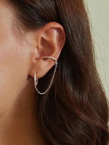 Ear Cuff Earrings Sterling Silver Luxury Single Earrings with Chain and Non Pierced Ear Cuff Attached