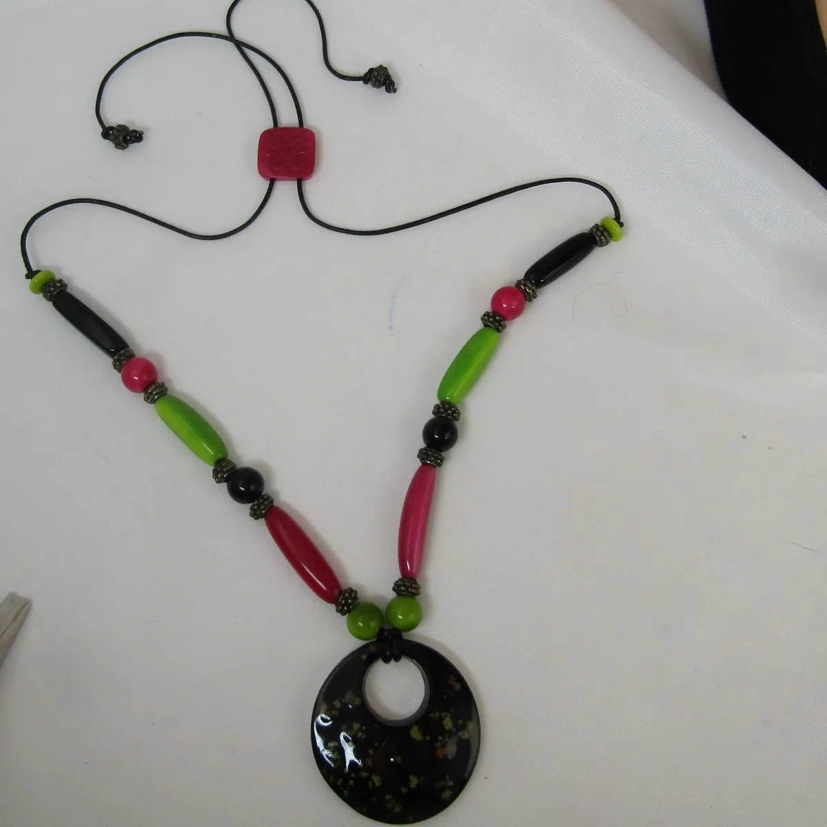 Eco-friendly Pendant Necklace Black Hot Pink and Apple Green