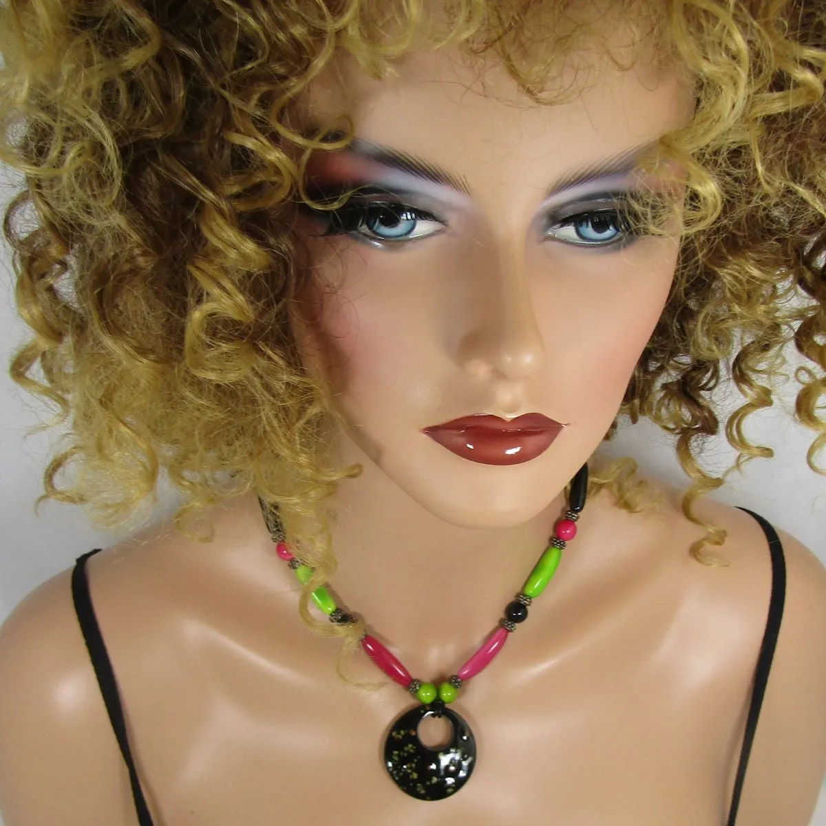 Eco-friendly Pendant Necklace Black Hot Pink and Apple Green