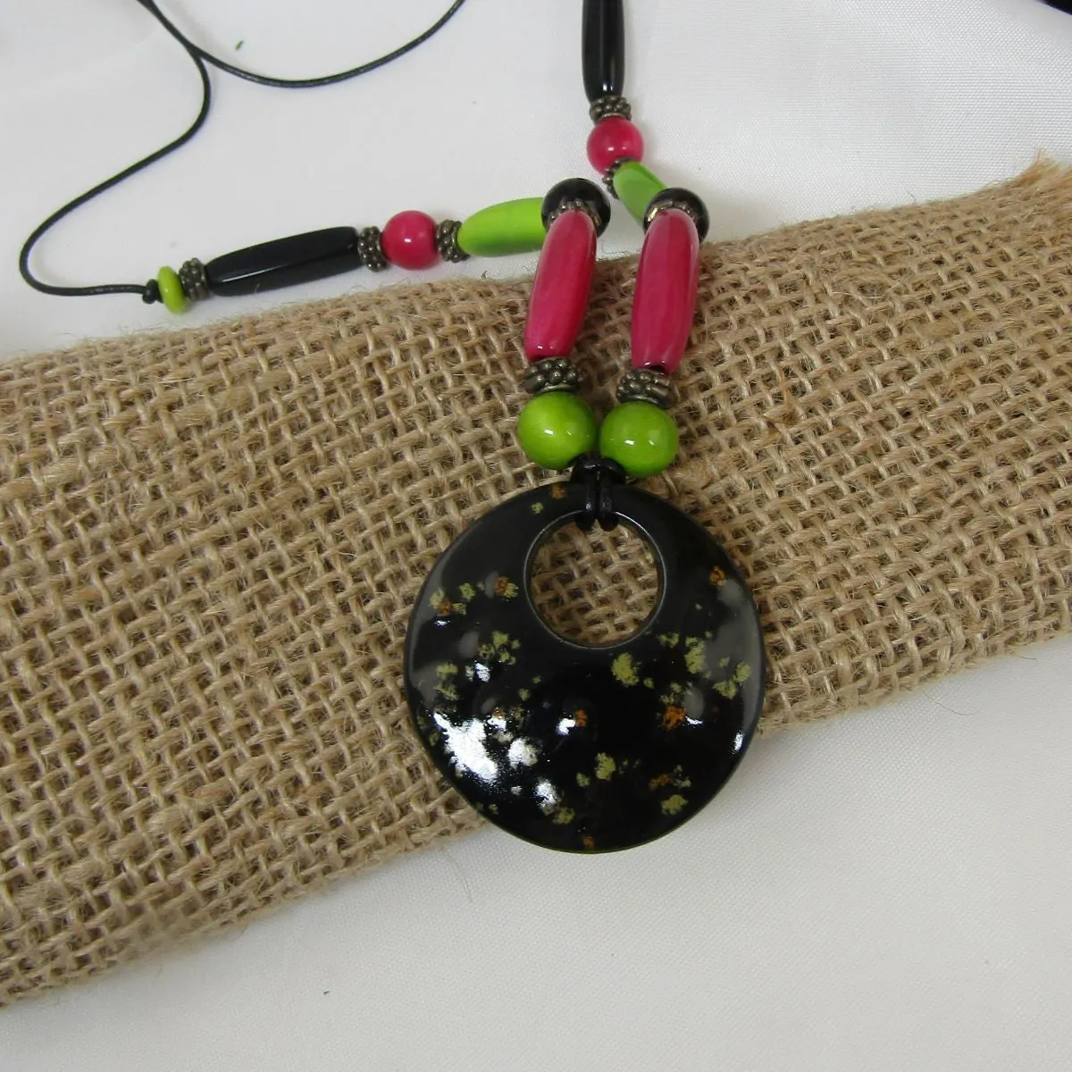 Eco-friendly Pendant Necklace Black Hot Pink and Apple Green