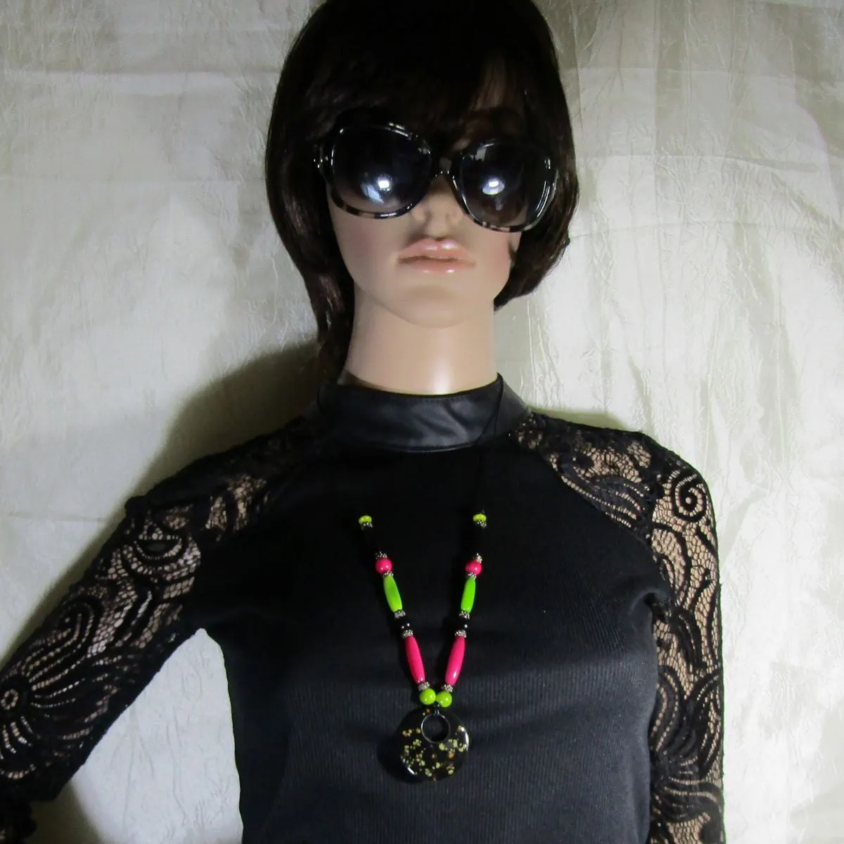 Eco-friendly Pendant Necklace Black Hot Pink and Apple Green