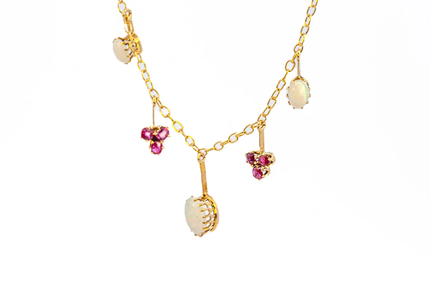 Exquisite Yellow Gold Opal and Ruby Drop Necklace