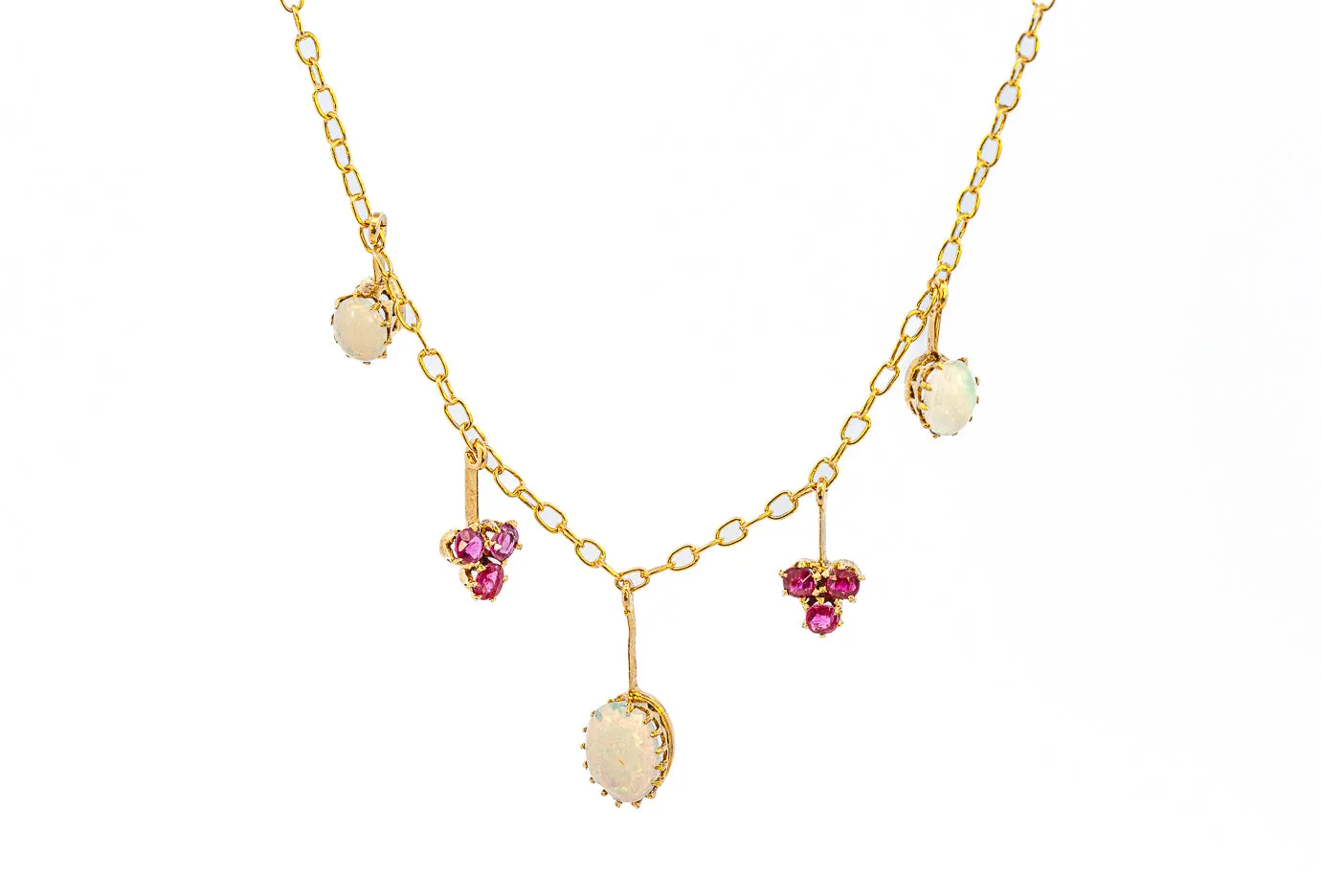 Exquisite Yellow Gold Opal and Ruby Drop Necklace