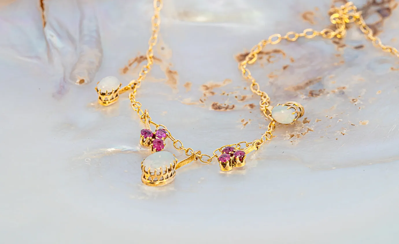 Exquisite Yellow Gold Opal and Ruby Drop Necklace