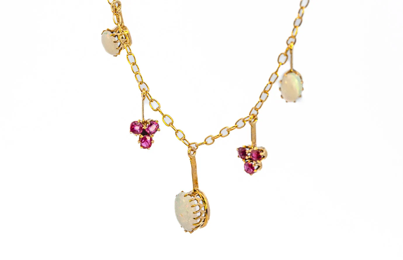 Exquisite Yellow Gold Opal and Ruby Drop Necklace