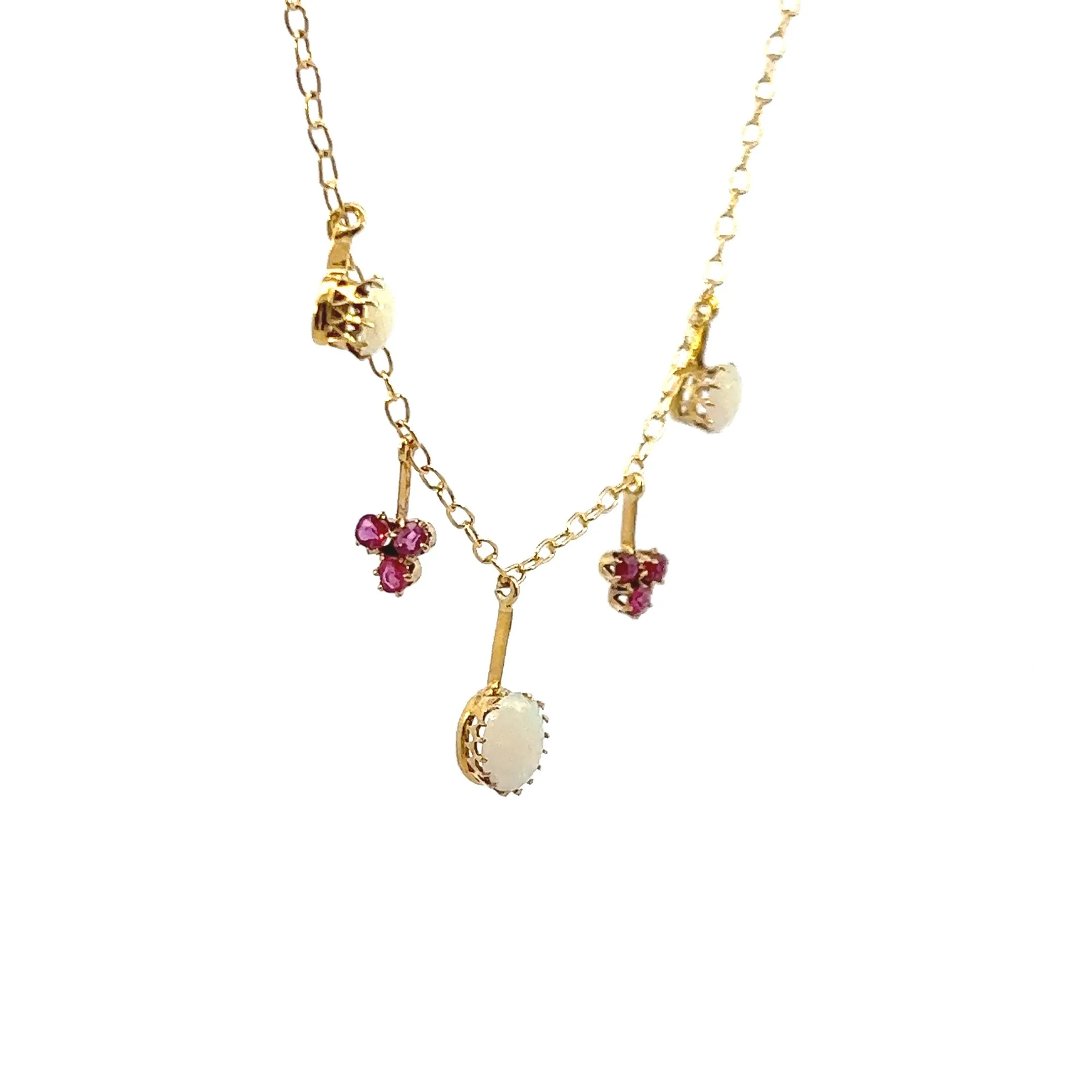 Exquisite Yellow Gold Opal and Ruby Drop Necklace