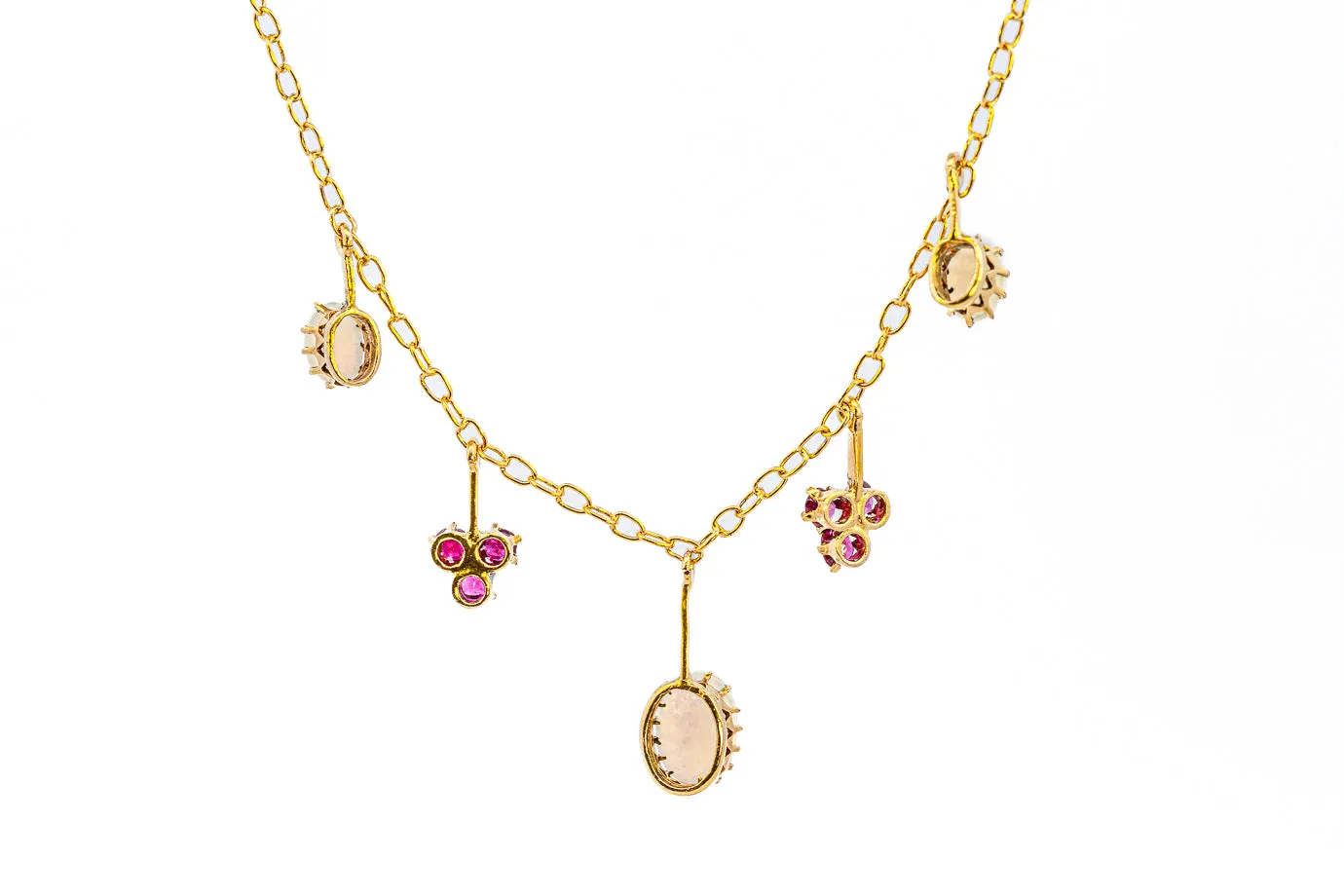 Exquisite Yellow Gold Opal and Ruby Drop Necklace