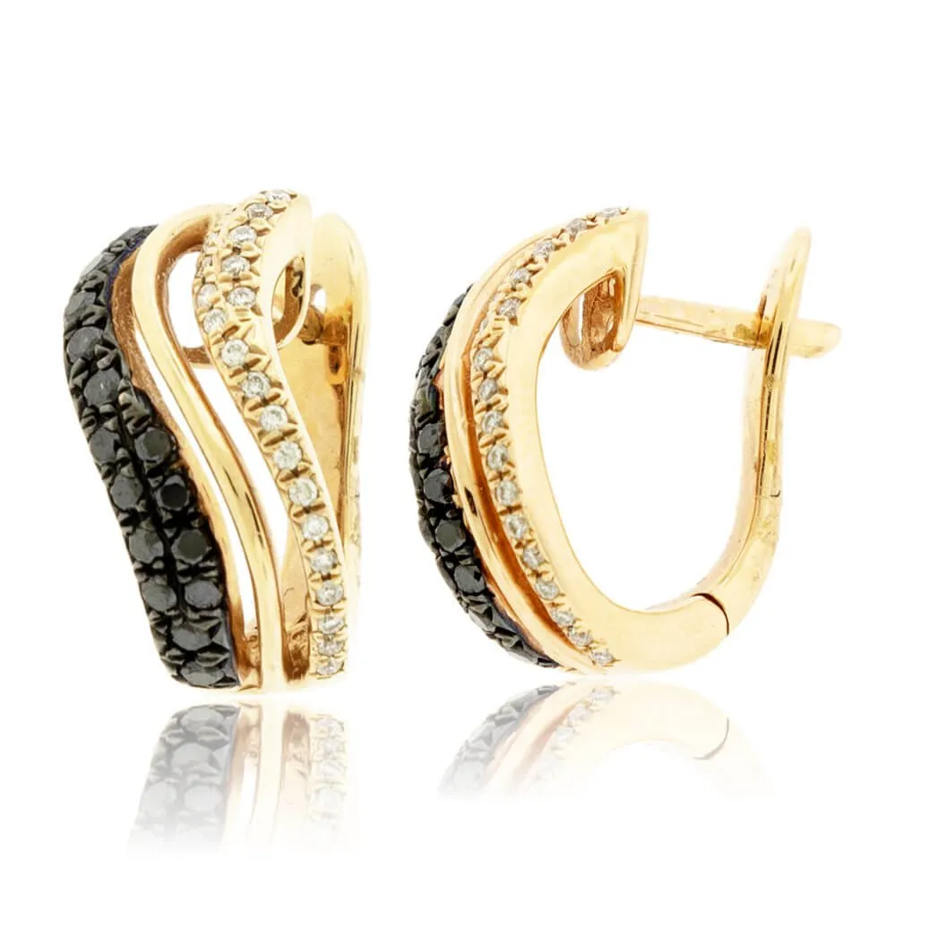 Fancy Color Black Diamond & Diamond Hoop Style Earrings