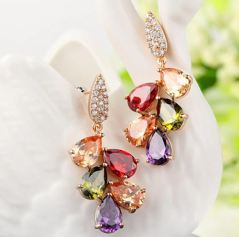 Fashion 18K Rose Gold Plated Drop Earrings Mona Lisa for Women Multicolor Zircon