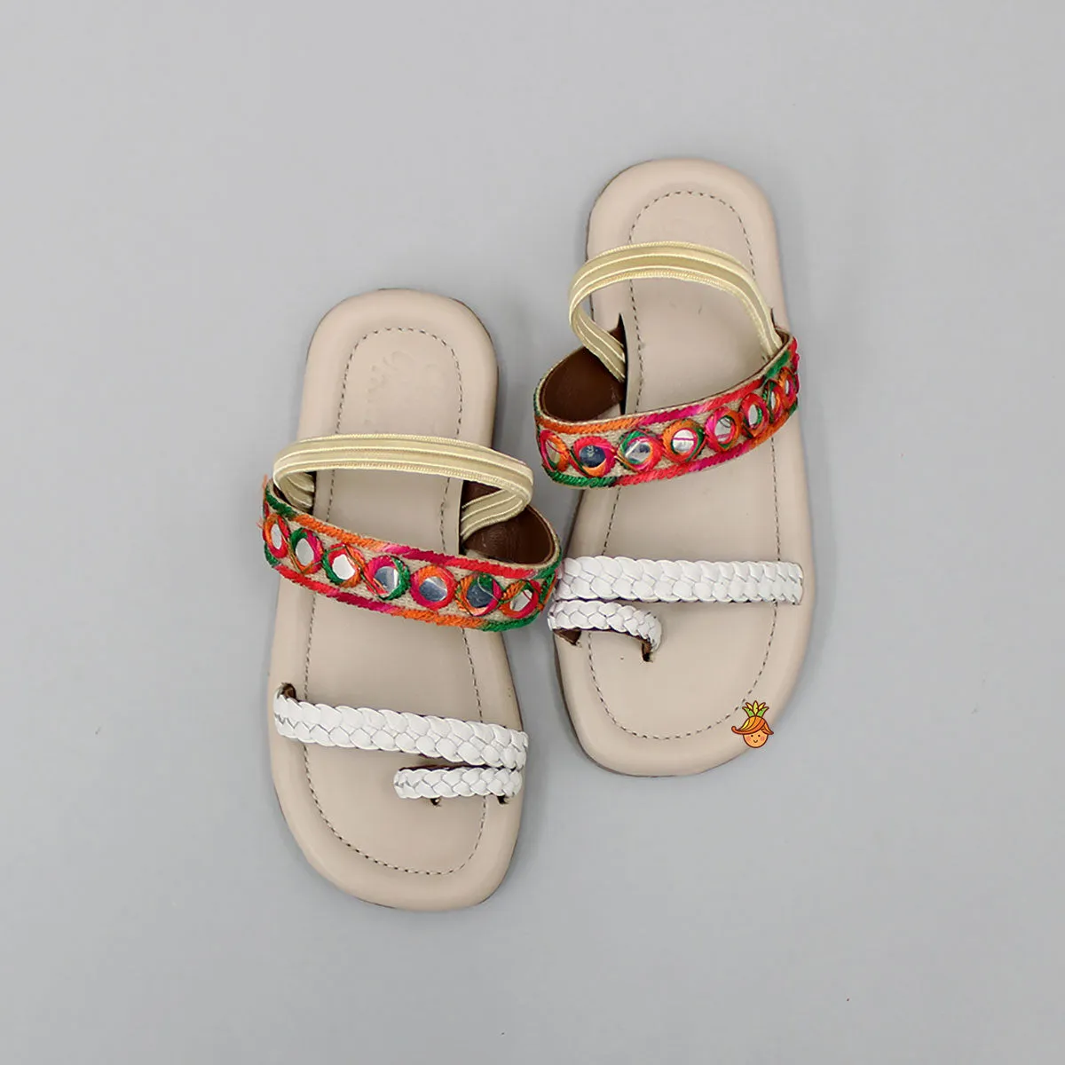 Faux Mirror Work Braided Kolhapuri Flats