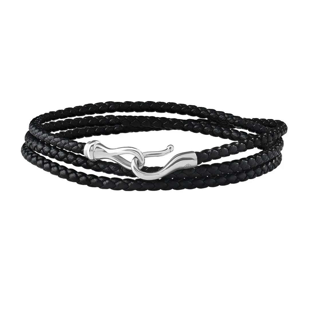 Fish Hook Triple Wrap Leather Bracelet in Silver