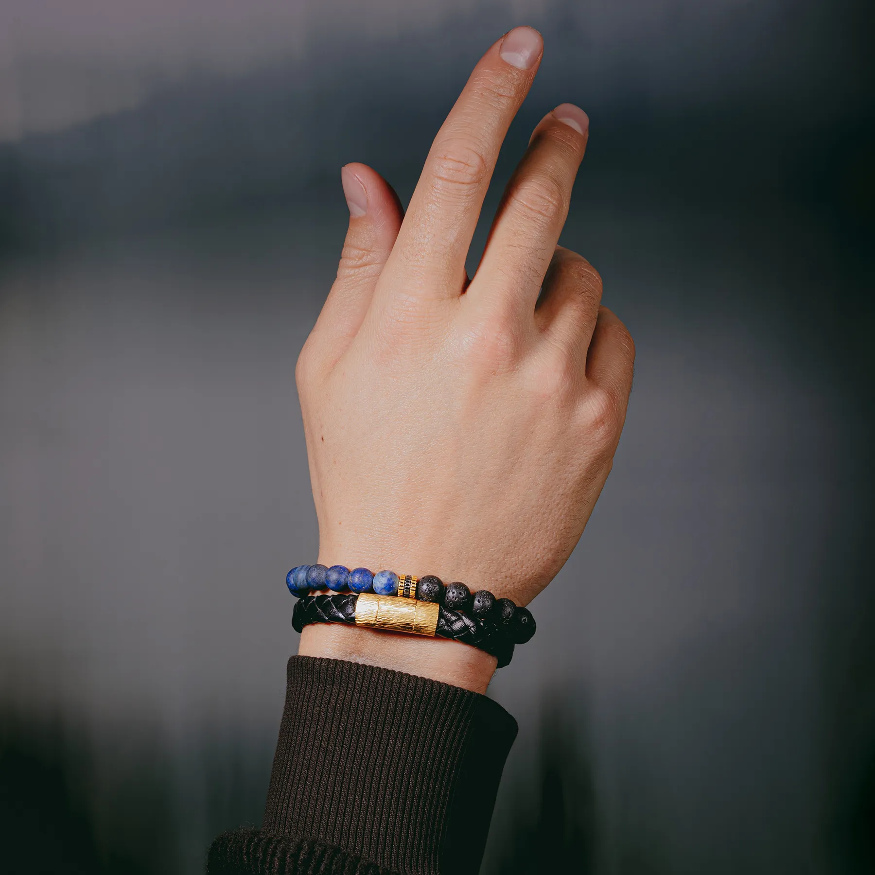 Gear Trio Beaded Bracelet With Lava Beads & Blue Lapis