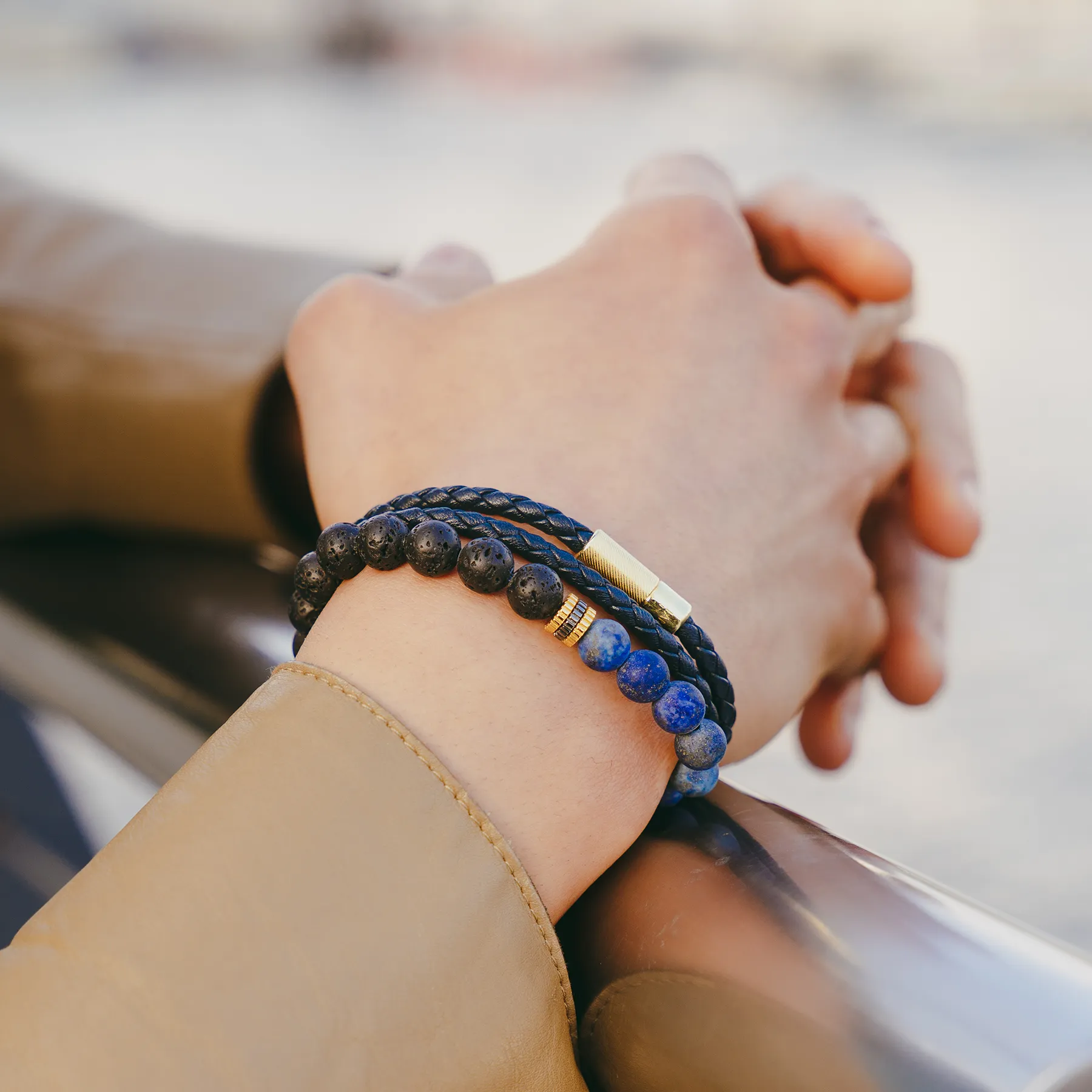 Gear Trio Beaded Bracelet With Lava Beads & Blue Lapis