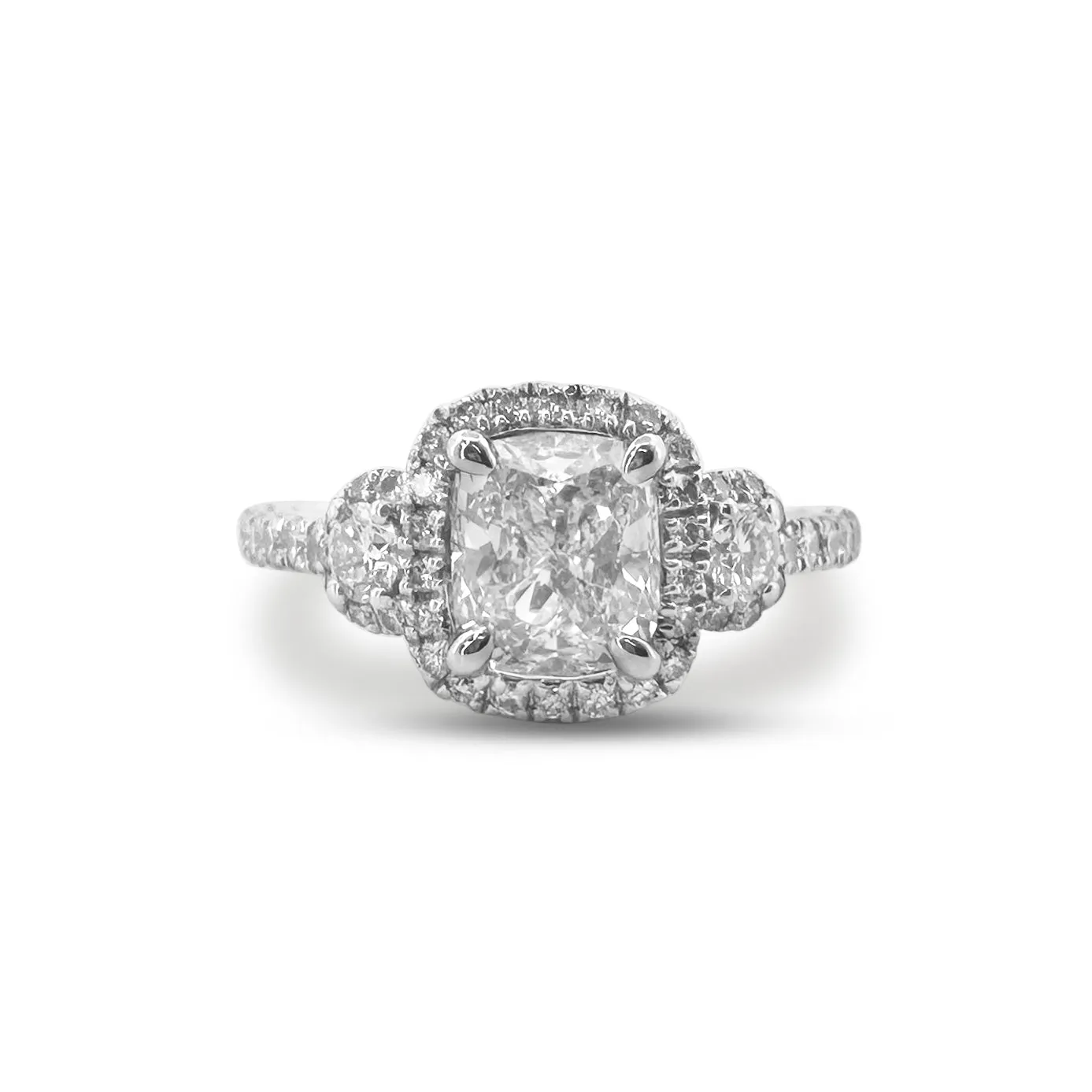 GIA Graded Cushion Cut & Round Brilliant Natural Diamond Engagement Ring in 14k White Gold