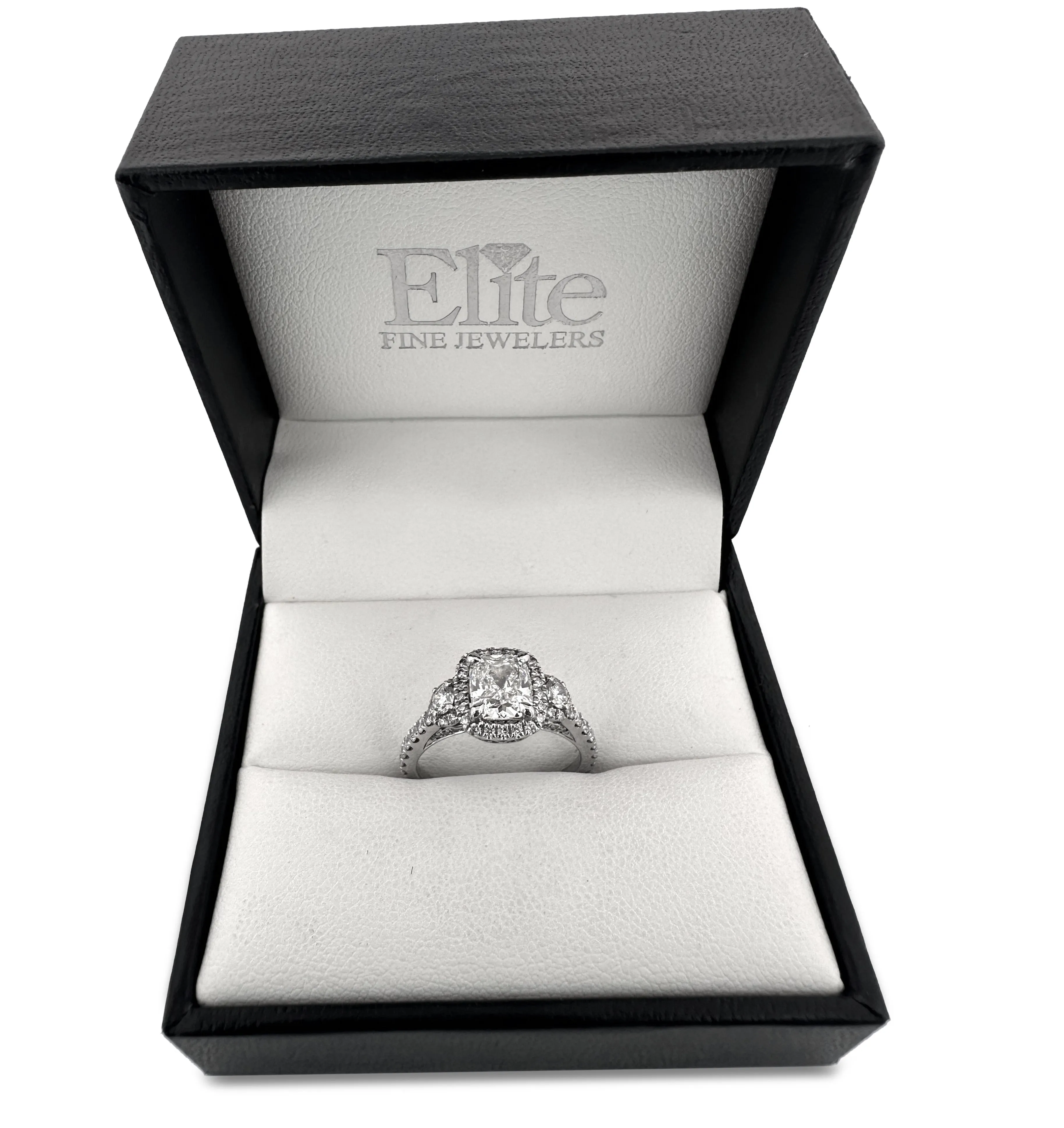 GIA Graded Cushion Cut & Round Brilliant Natural Diamond Engagement Ring in 14k White Gold