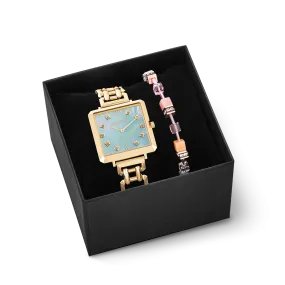 Gift Set Iconic Cube Watch Ocean Vibes Gold & GeoCUBE® Iconic Chain Bracelet Aqua-Apricot