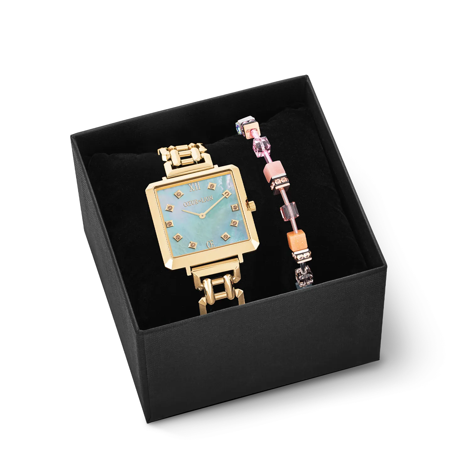 Gift Set Iconic Cube Watch Ocean Vibes Gold & GeoCUBE® Iconic Chain Bracelet Aqua-Apricot