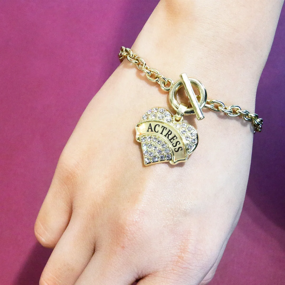 Gold Actress Pave Heart Charm Toggle Bracelet