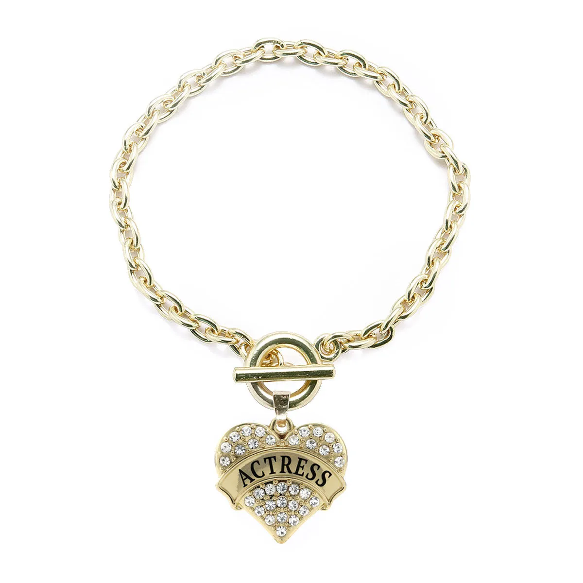 Gold Actress Pave Heart Charm Toggle Bracelet