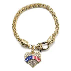 Gold American Flag Pave Heart Charm Braided Bracelet