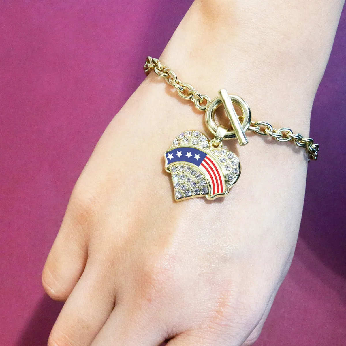 Gold American Flag Pave Heart Charm Toggle Bracelet