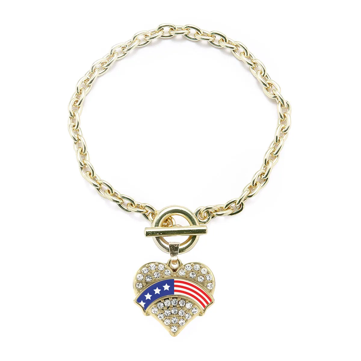 Gold American Flag Pave Heart Charm Toggle Bracelet