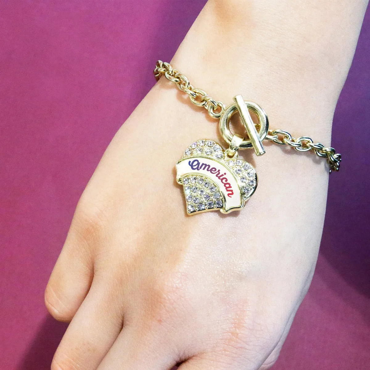 Gold American Pave Heart Charm Toggle Bracelet